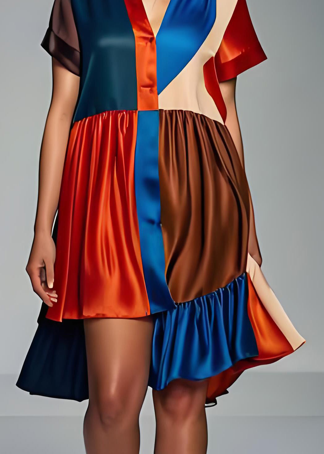 Frauen Colorblock Asymmetrische Patchwork Seide Kleid Sommer
