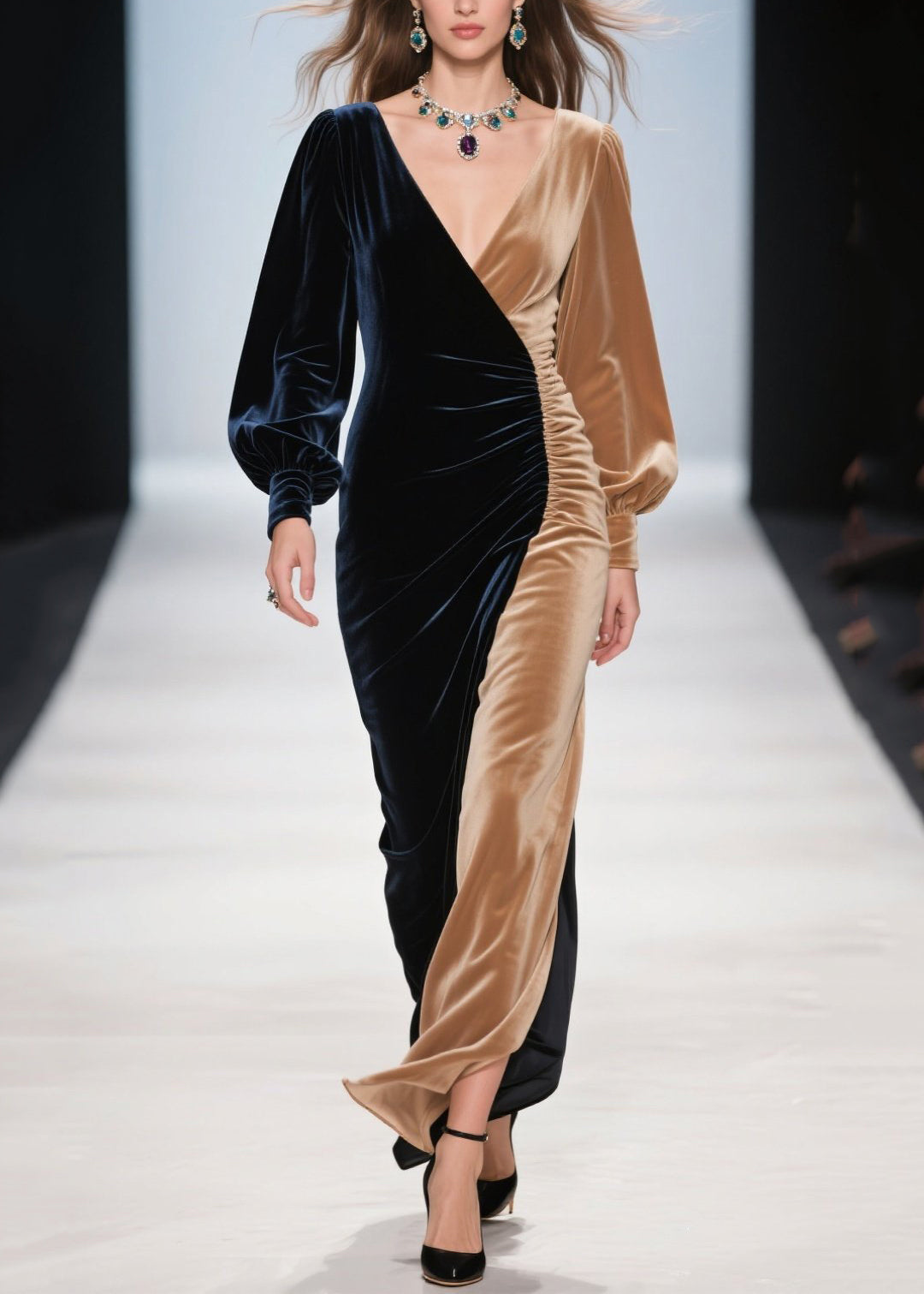 Vestido de cena de terciopelo de seda con patchwork asimétrico y bloques de color para mujer, primavera