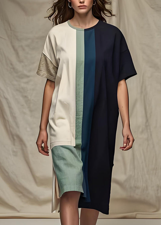 Frauen Colorblock O Neck Patchwork Baumwolle Kleid Sommer
