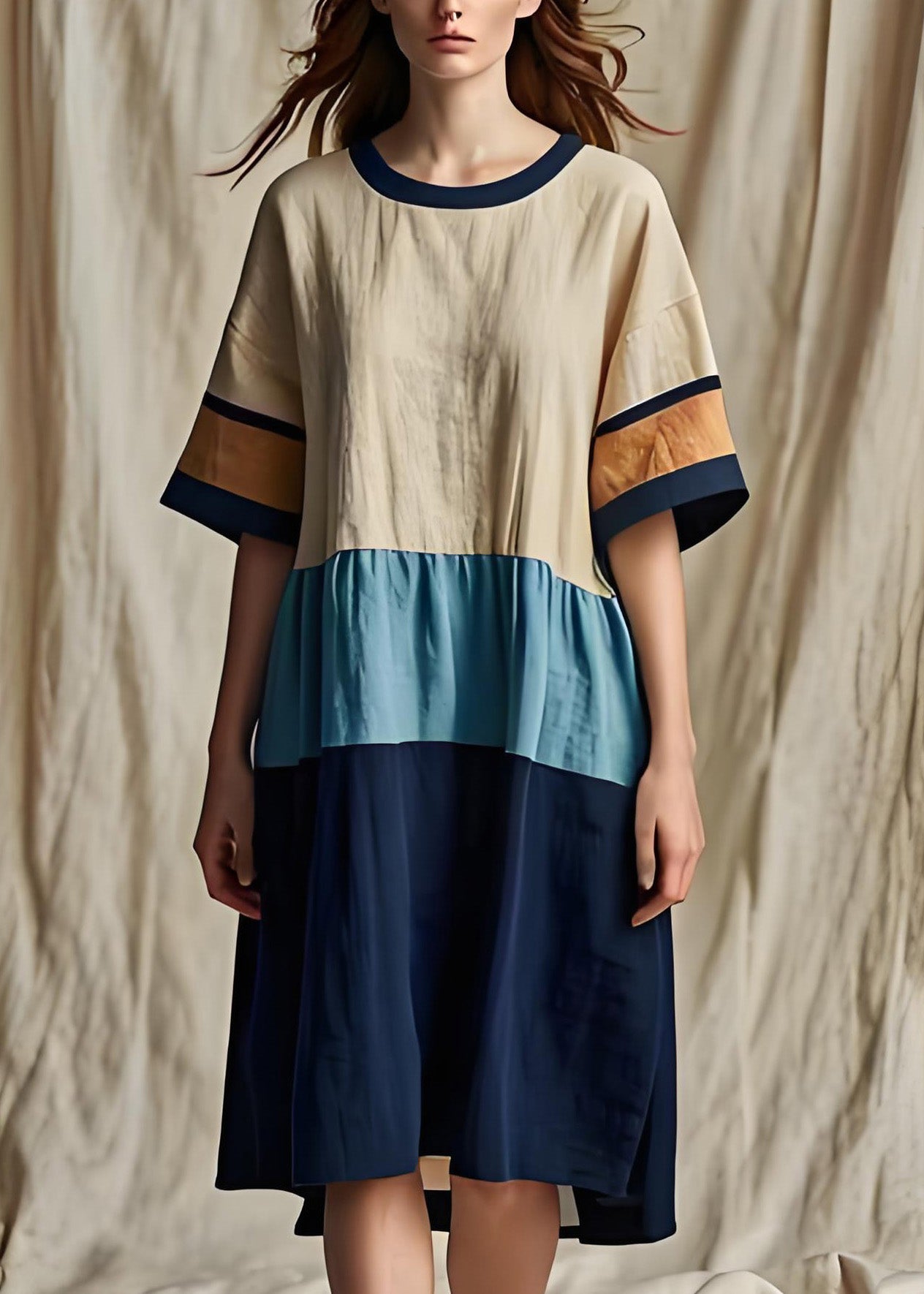 Frauen Colorblock O Neck Patchwork Baumwolle Kleider Sommer