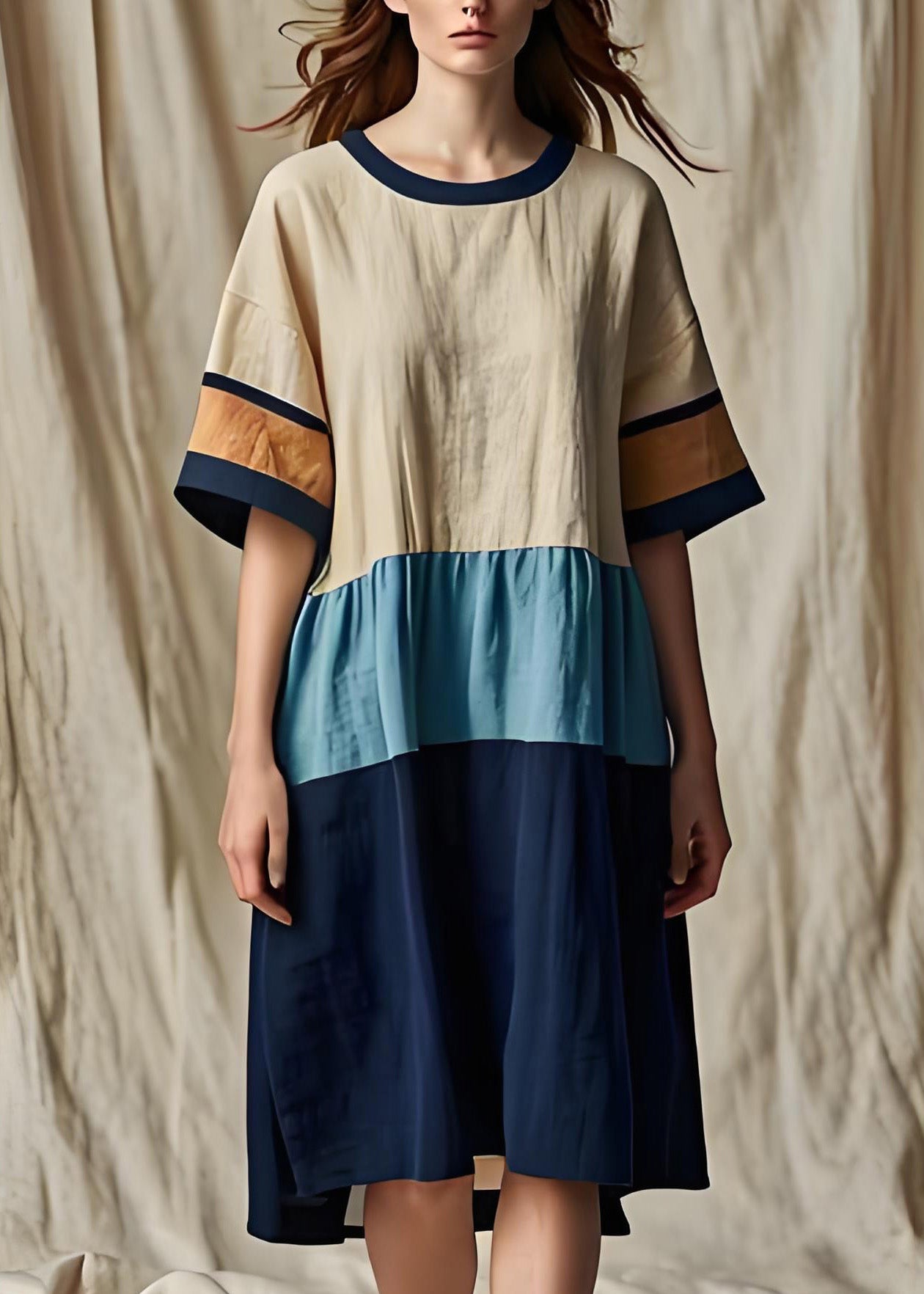 Frauen Colorblock O Neck Patchwork Baumwolle Kleider Sommer