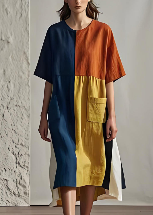 Frauen Colorblock O Neck Taschen Patchwork Baumwolle Kleider Sommer