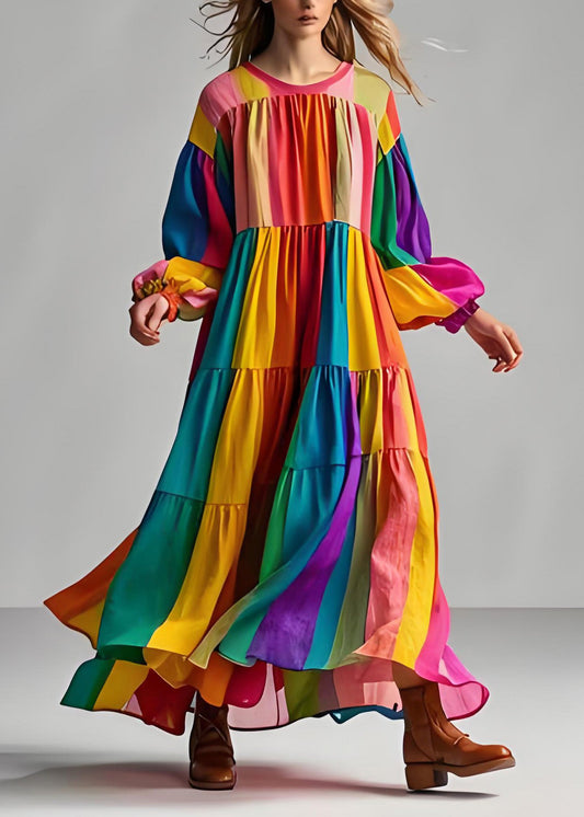 Frauen Colorblock O Neck Wrinkled Patchwork Baumwolle Kleid Langarm