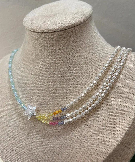Women Colorblock Pearl Beads Layered Star Gratuated Bead Necklace