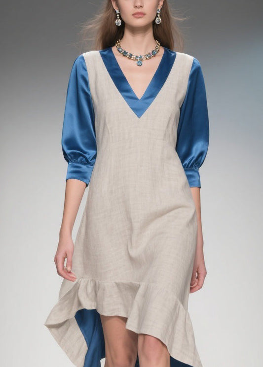 Women Colorblock Ruffled Patchwork Linen Silk Dress Summer