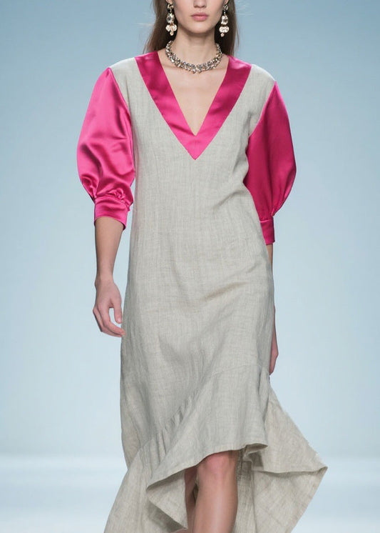 Women Colorblock Ruffled Patchwork Linen Silk Long Dress Summer