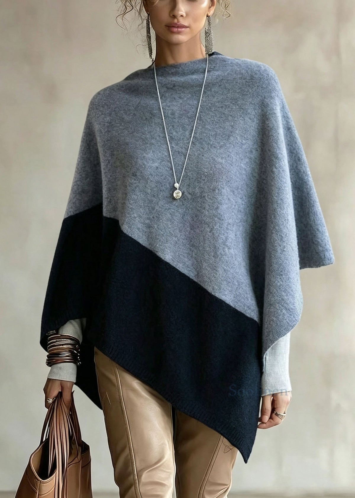 Women Colorblock Slash Neck Versatile Woolen Knit Cape Fall