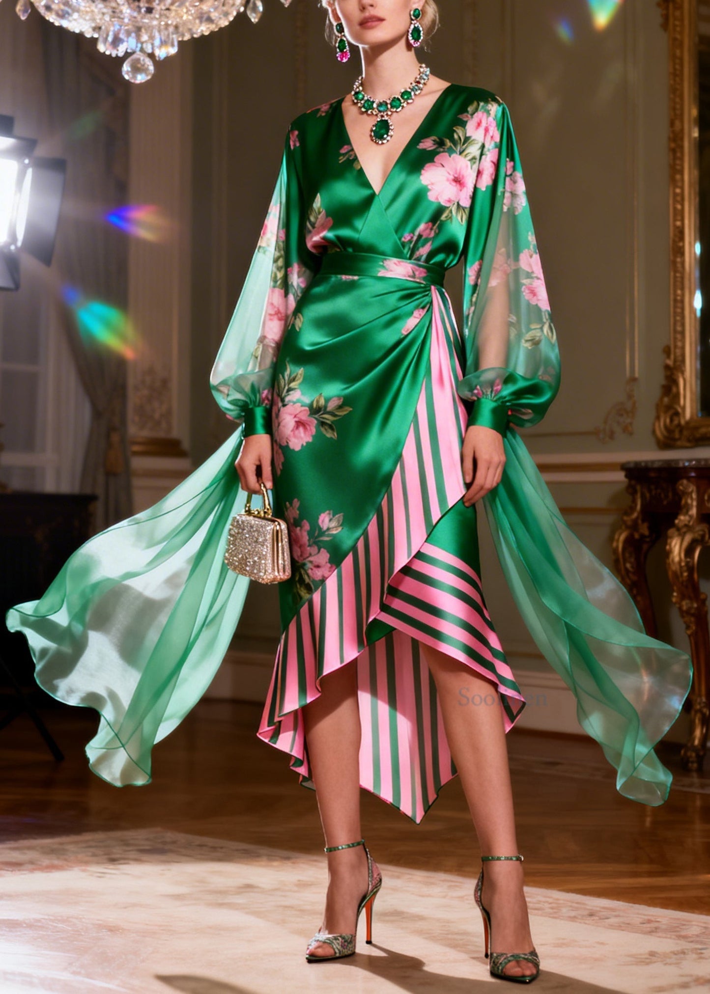 Women Colorblock V Neck Asymmetrical Patchwork Silk Dresses Summer