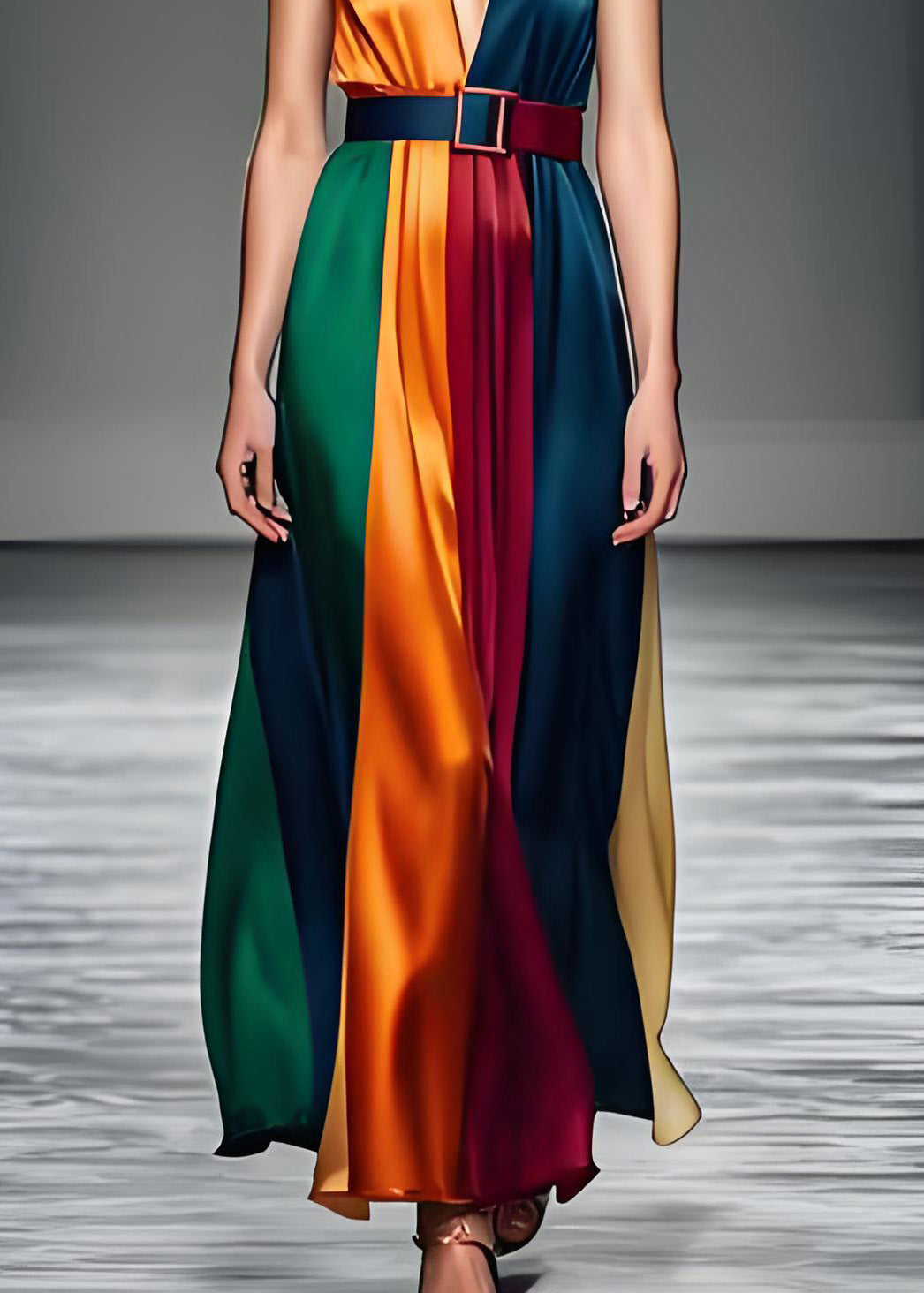 Damen Colorblock V-Ausschnitt Bindegürtel Seide Langes Kleid Ärmellos