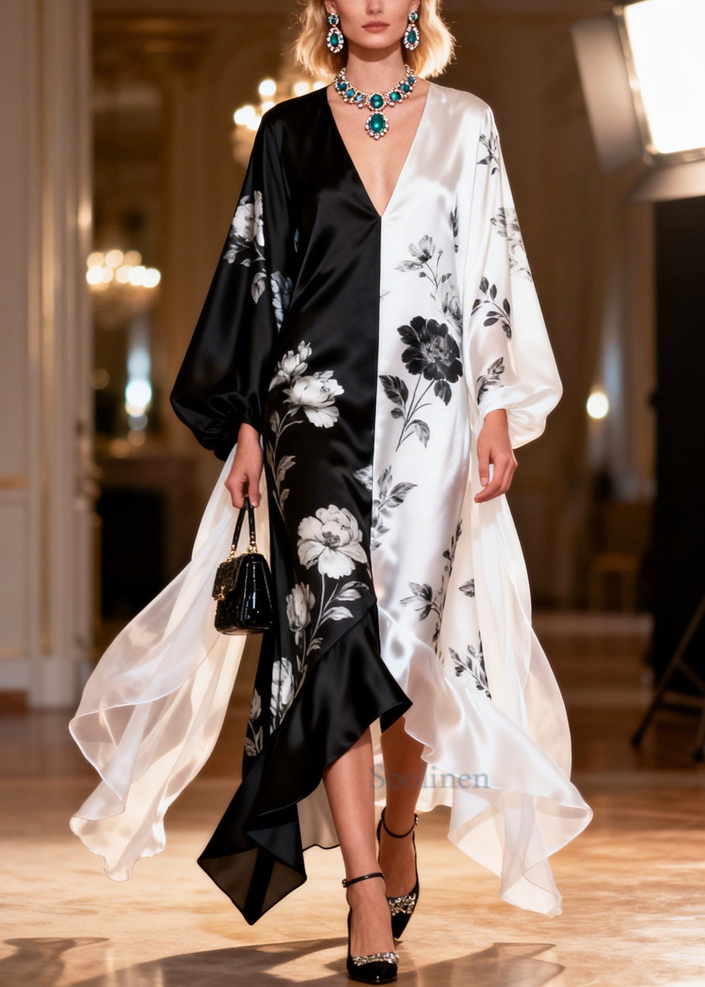 Women ColorblockC Asymmetrical Patchwork Print Silk Maxi Dresses Summer