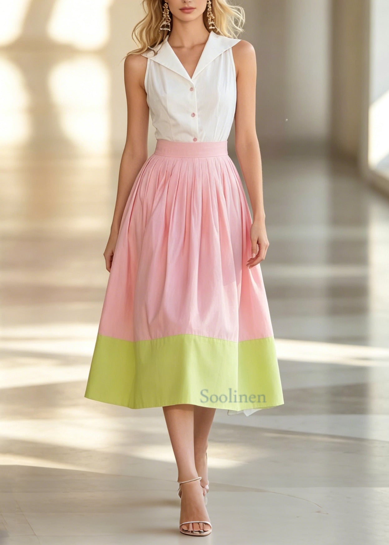 Women ColorblockC High Waist Patchwork Cotton Skirts Summer