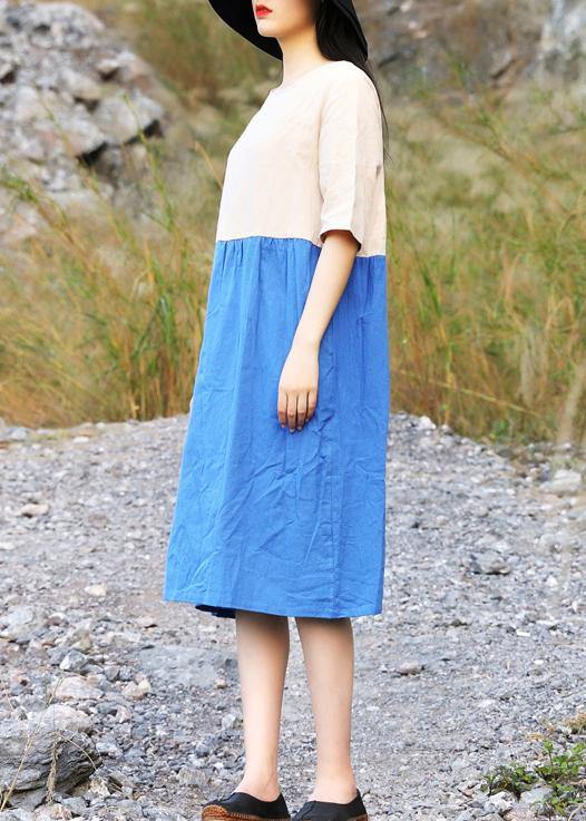 Women Cotton blue Vintage Summer Vintage Solid Color Short Dress - SooLinen