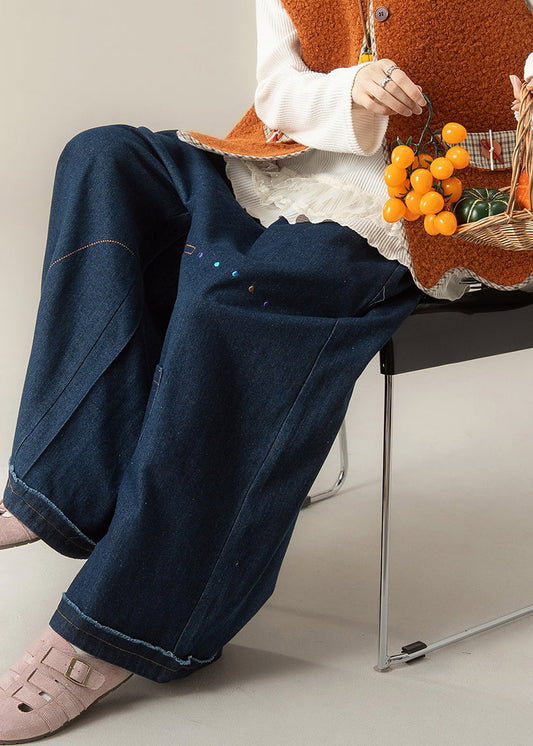 Damen Dunkelblaue Jeans mit Taschen, Patchwork-Print, Winter