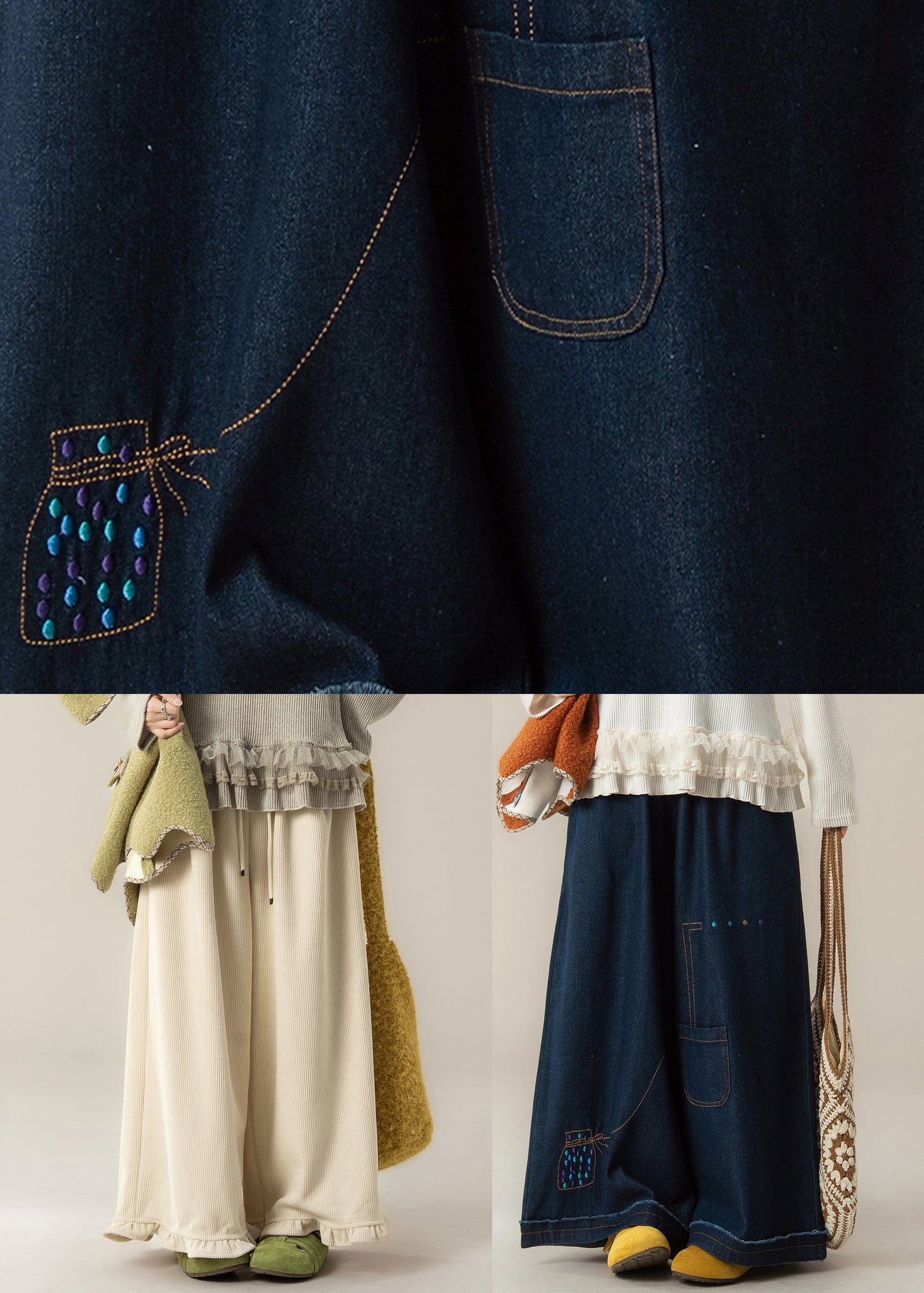 Damen Dunkelblaue Jeans mit Taschen, Patchwork-Print, Winter