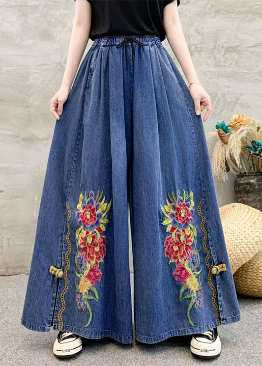 Women Dark Grey Embroidered Tie Waist Wide Leg Pants