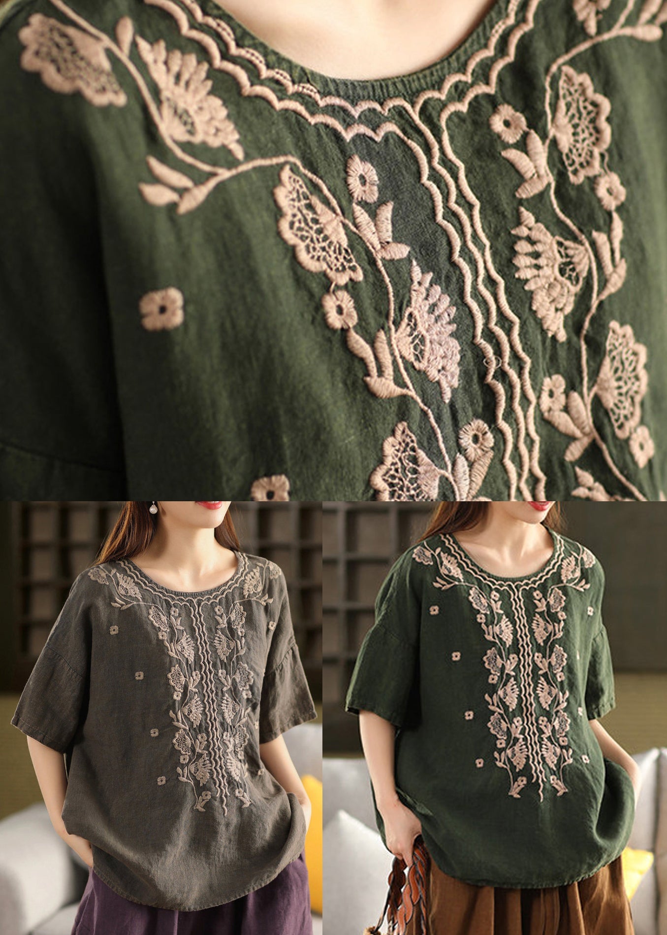 Women Dark Grey O Neck Embroidered Linen Blouses Summer