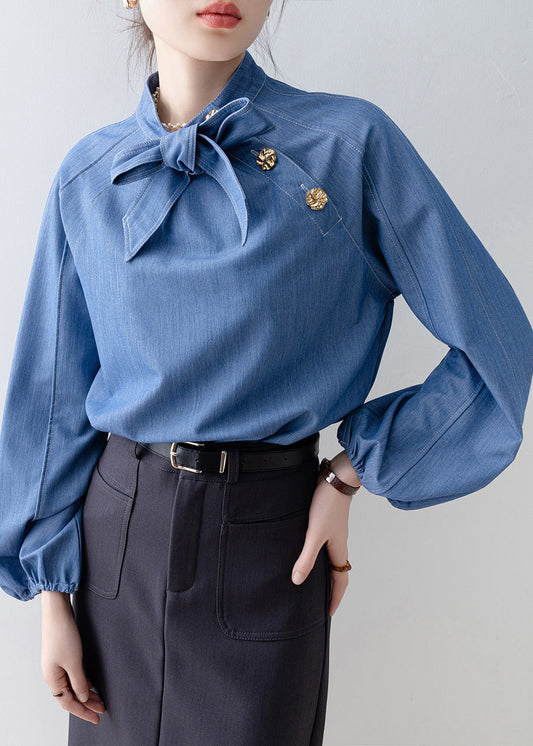 Women Denim Blue Stand Collar Bow Blouses Spring