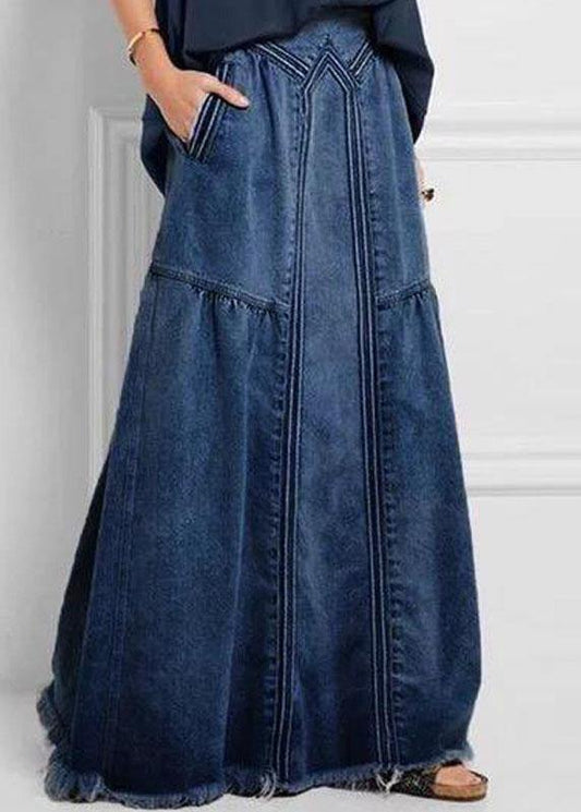 Women Distressed Solid Color Elastic Waist Loose Denim Skirt With Pocket - SooLinen