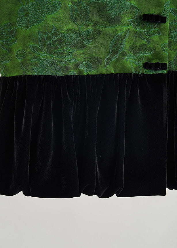 Women Dull Green Jacquard Patchwork Silk Velvet Vest Fall