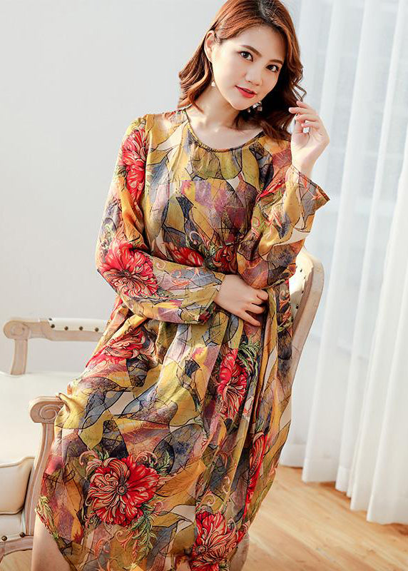 Damen Floral Loose Polyester Split Vintage Midikleid