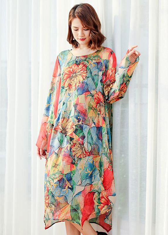 Damen Floral Loose Polyester Split Vintage Midikleid