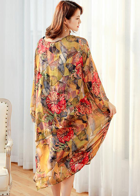 Damen Floral Loose Polyester Split Vintage Midikleid