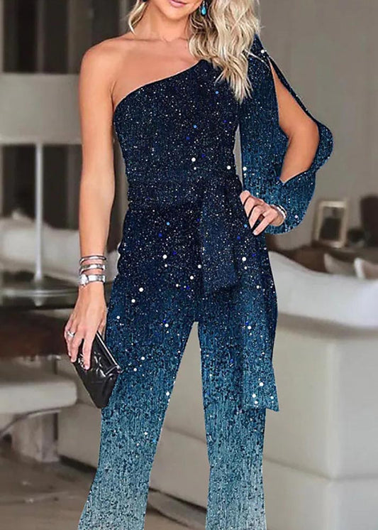 Women Gradient Blue One Shoulder Asymmetrical Design Sequins Two Pieces Set Summer