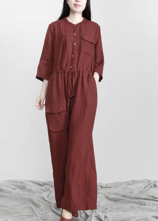 Women Gray drawstring Outfits Rompers Linen - SooLinen