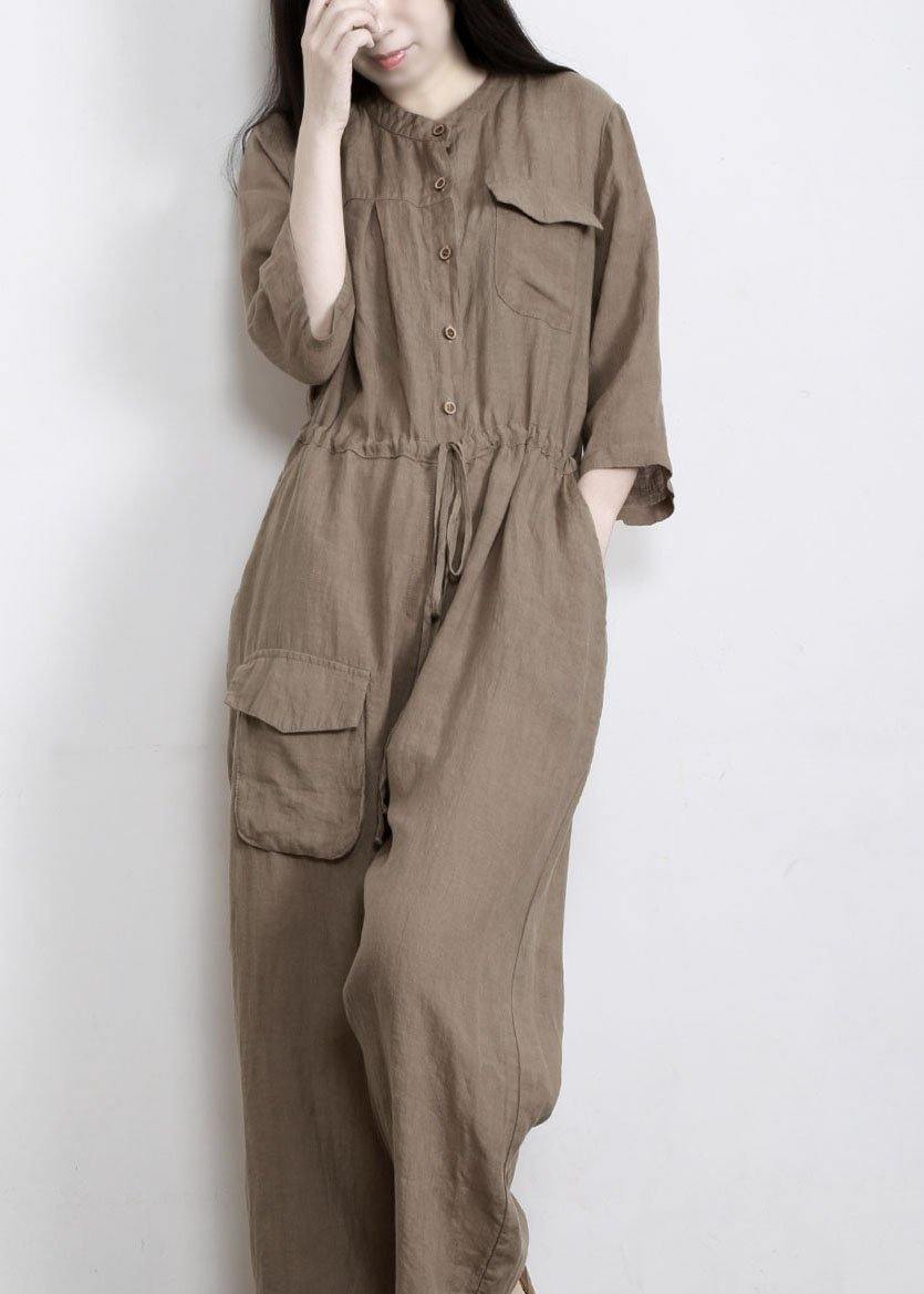 Women Gray drawstring Outfits Rompers Linen - SooLinen