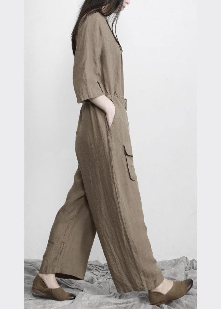 Women Gray drawstring Outfits Rompers Linen - SooLinen