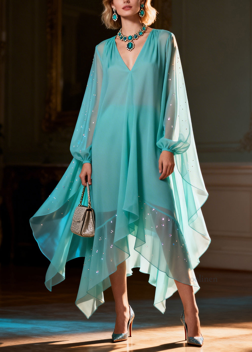 Women Green Asymmetrical Sequins Chiffon Long Dresses Summer