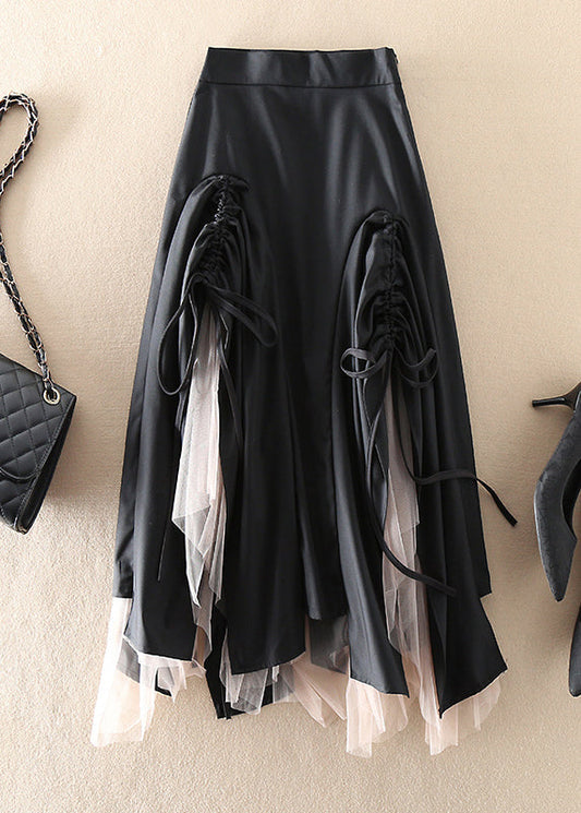 Frauen Grün Asymmetrische kordelzug Patchwork Tüll Röcke Frühling