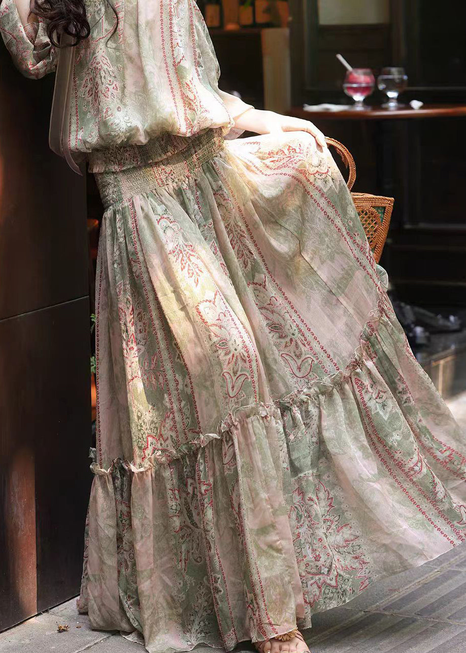 Women Green Cold Shoulder Print Chiffon Two Pieces Set Summer