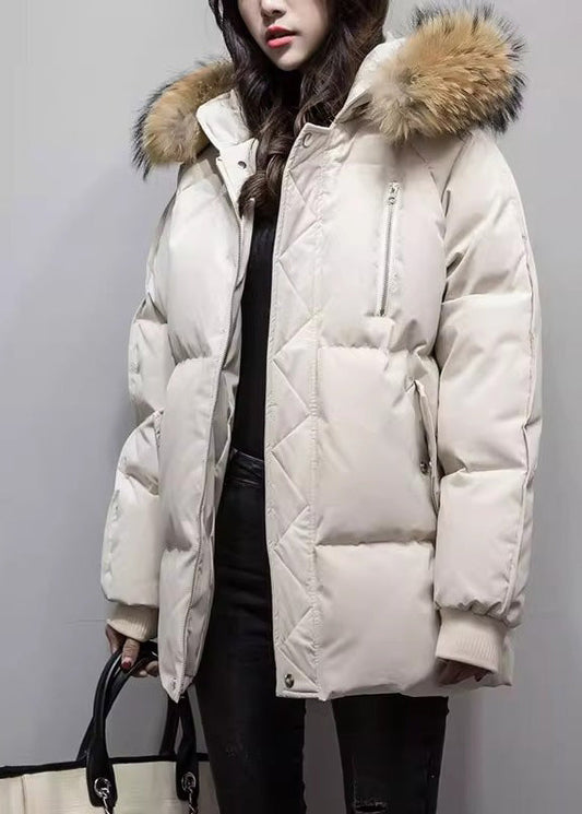 Women Green Fur Collar Hooded Pockets Fine Cotton Filled Jacket Winter