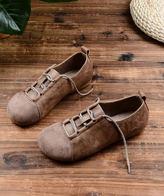 Women Green Lace Up Splicing Faux Leather Flat Shoes