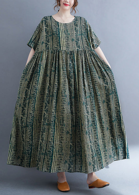 Frauen Grün O-Ausschnitt Cinched Print Extra großer Saum Lange Kleider Kurzarm