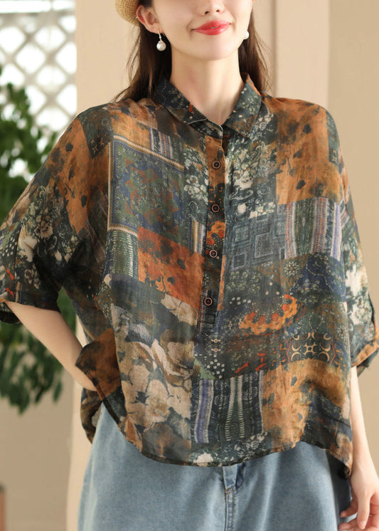 Frauen Grün Peter Pan Kragen Print Button Leinen Hemd Sommer