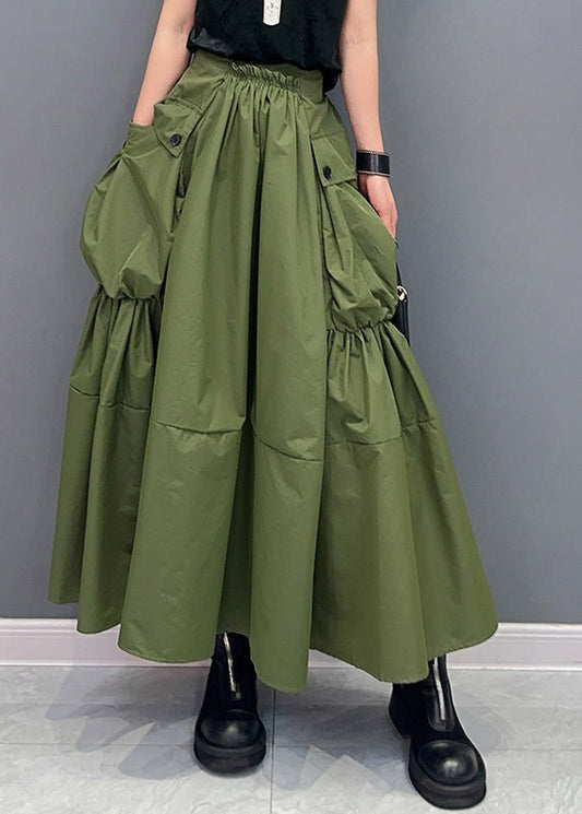 Women Green Pockets Patchwork Elastic Waist Maxi Skirts Summer