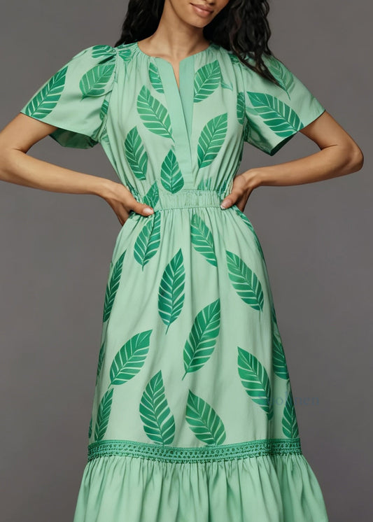 Women Green Print Tasseled Patchwork Cotton Dress Summer