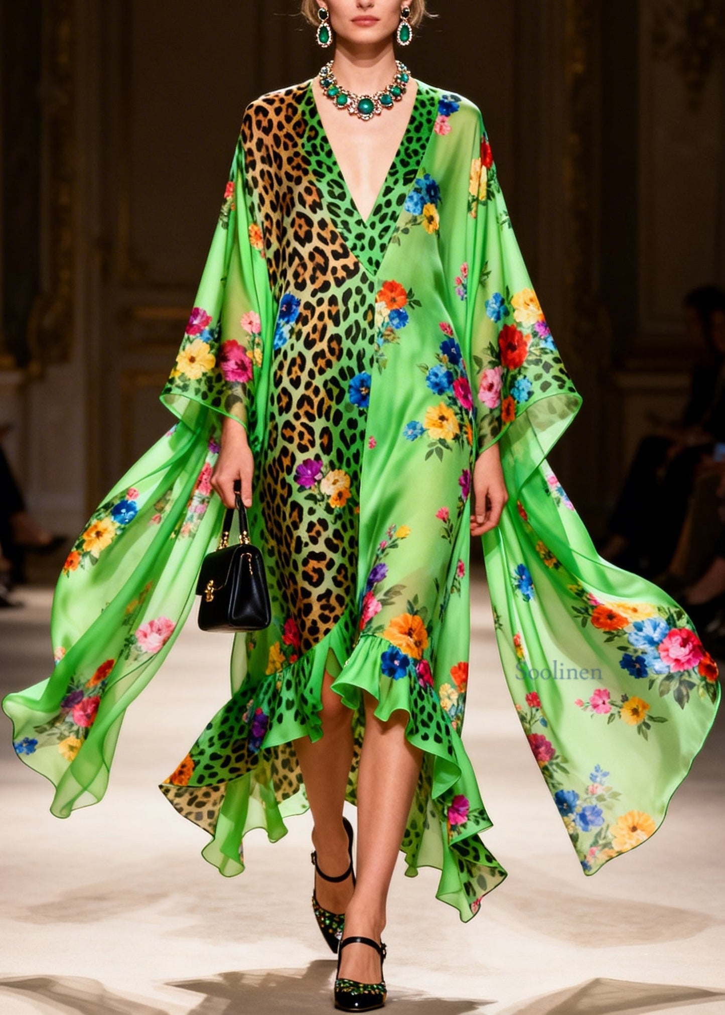 Women Green Ruffled Asymmetrical Design Print Patchwork Silk Dresses Summer