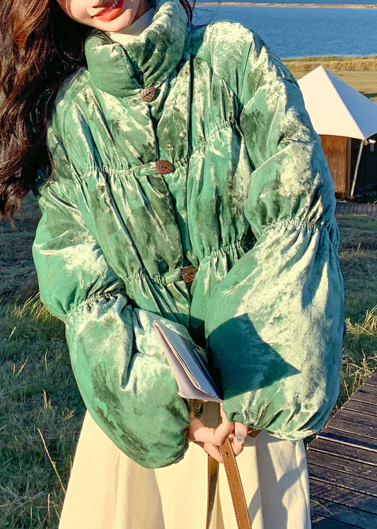 Women Green Stand Collar Velvet Duck Down Puffers Jackets Winter