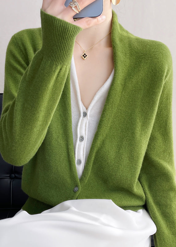 Top de punto de lana con cuello en V y botones de patchwork para mujer, color verde, otoño