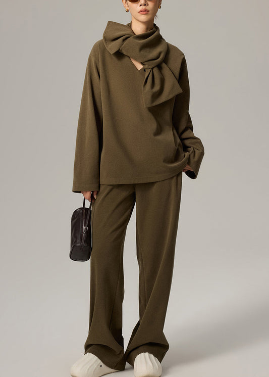 Conjunto de tres piezas de algodón con cintura elástica y escote en V verde para mujer, primavera