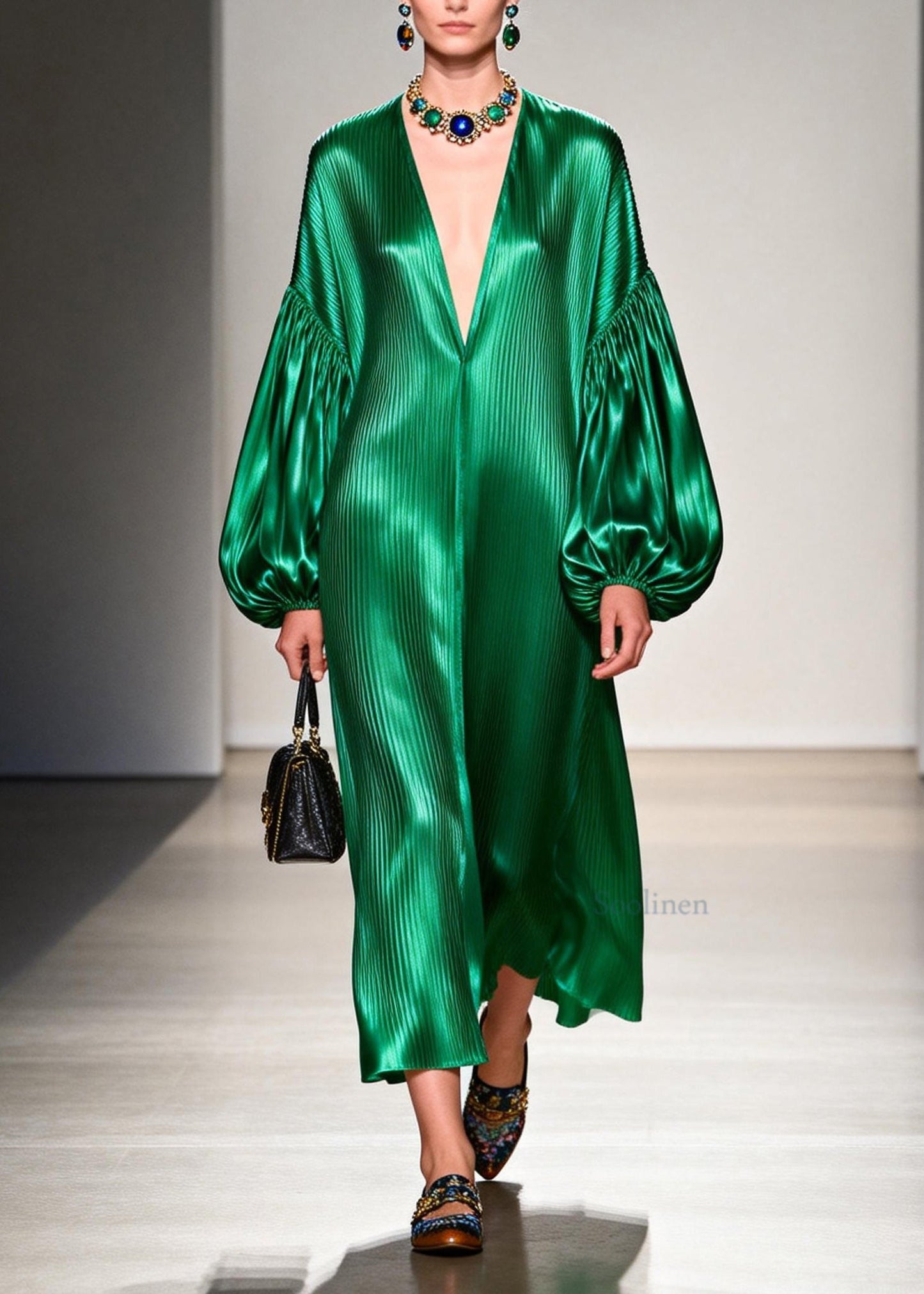 Women Green V Neck Patchwork Silk Long Dresses Lantern Sleeve