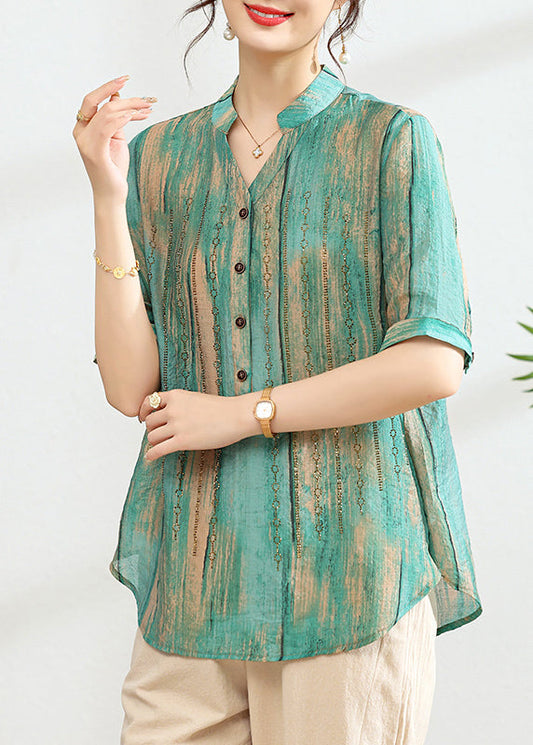 Women Green V Neck Print Button Cotton Shirt Summer
