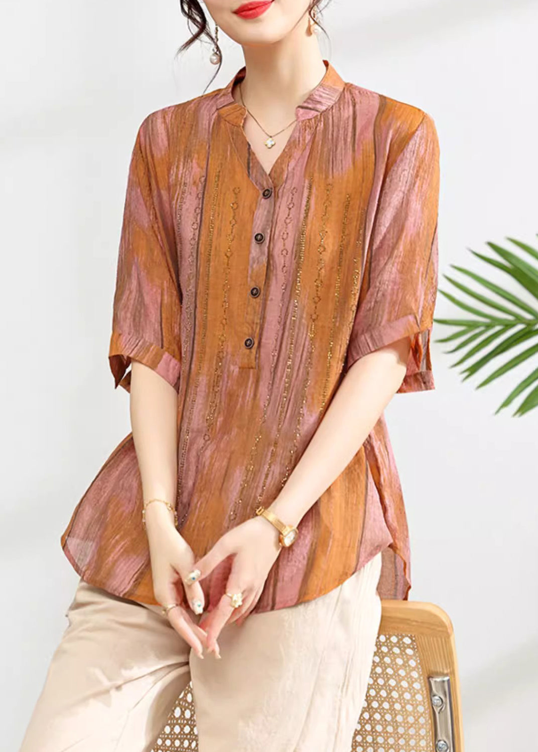 Women Green V Neck Print Button Cotton Shirt Summer