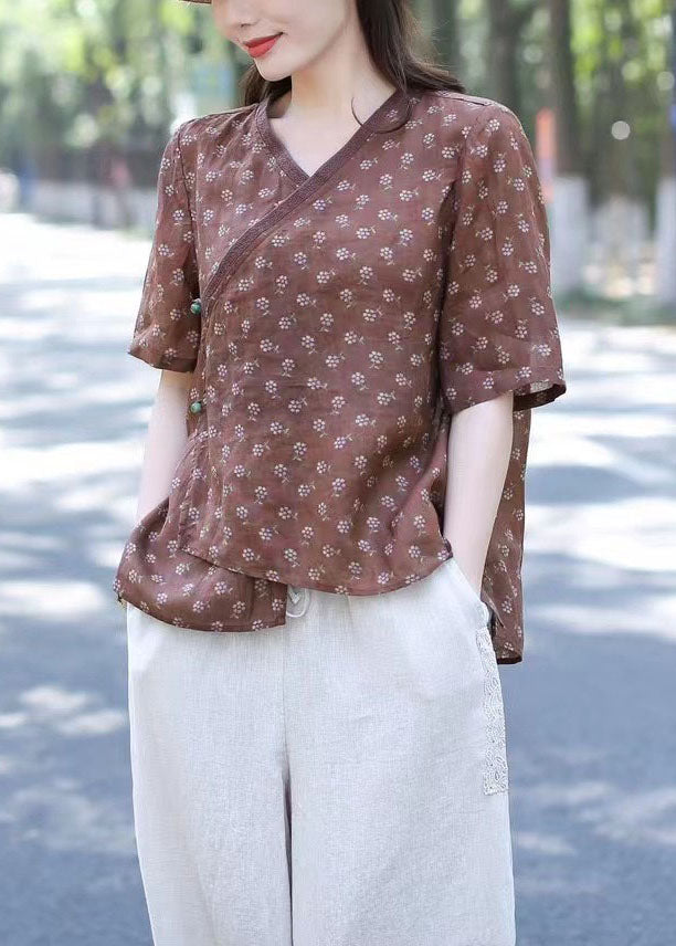 Frauen Grün V-Ausschnitt Print Patchwork Leinen Blusen Sommer