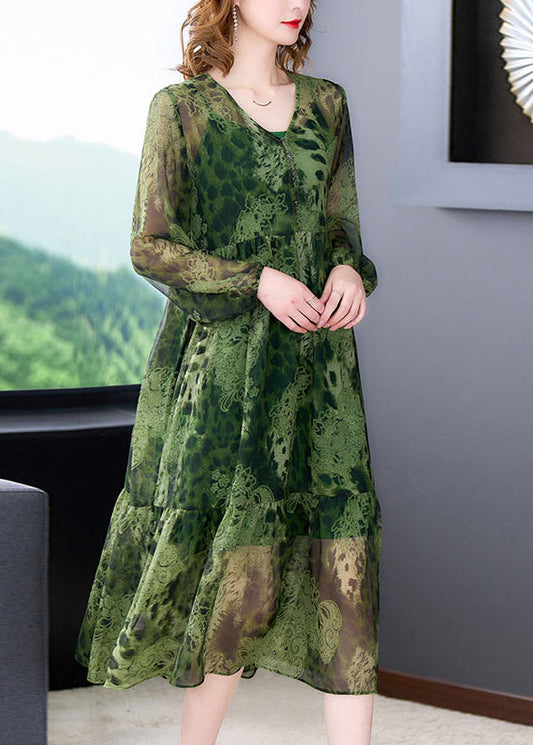 Frauen Grün V-ausschnitt Rüschen Print Chiffon Lange Kleid Zwei Stück Set Langarm