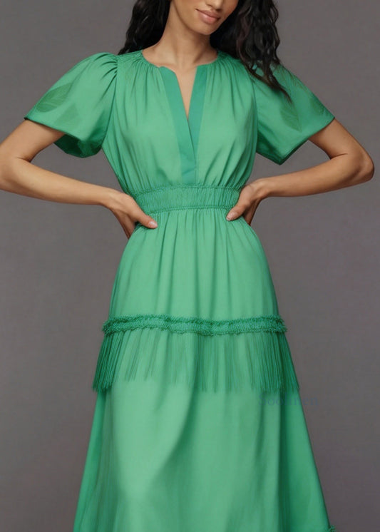Women Green V Neck Tassel Patchwork Cotton Maxi Dresses Summer