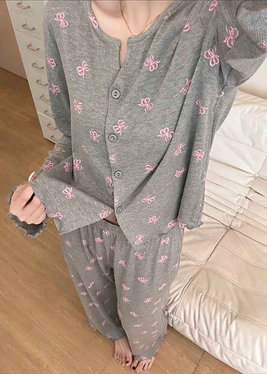 Damen-Pyjama-Sets aus grauer Baumwolle mit Schleifenmuster für den Frühling